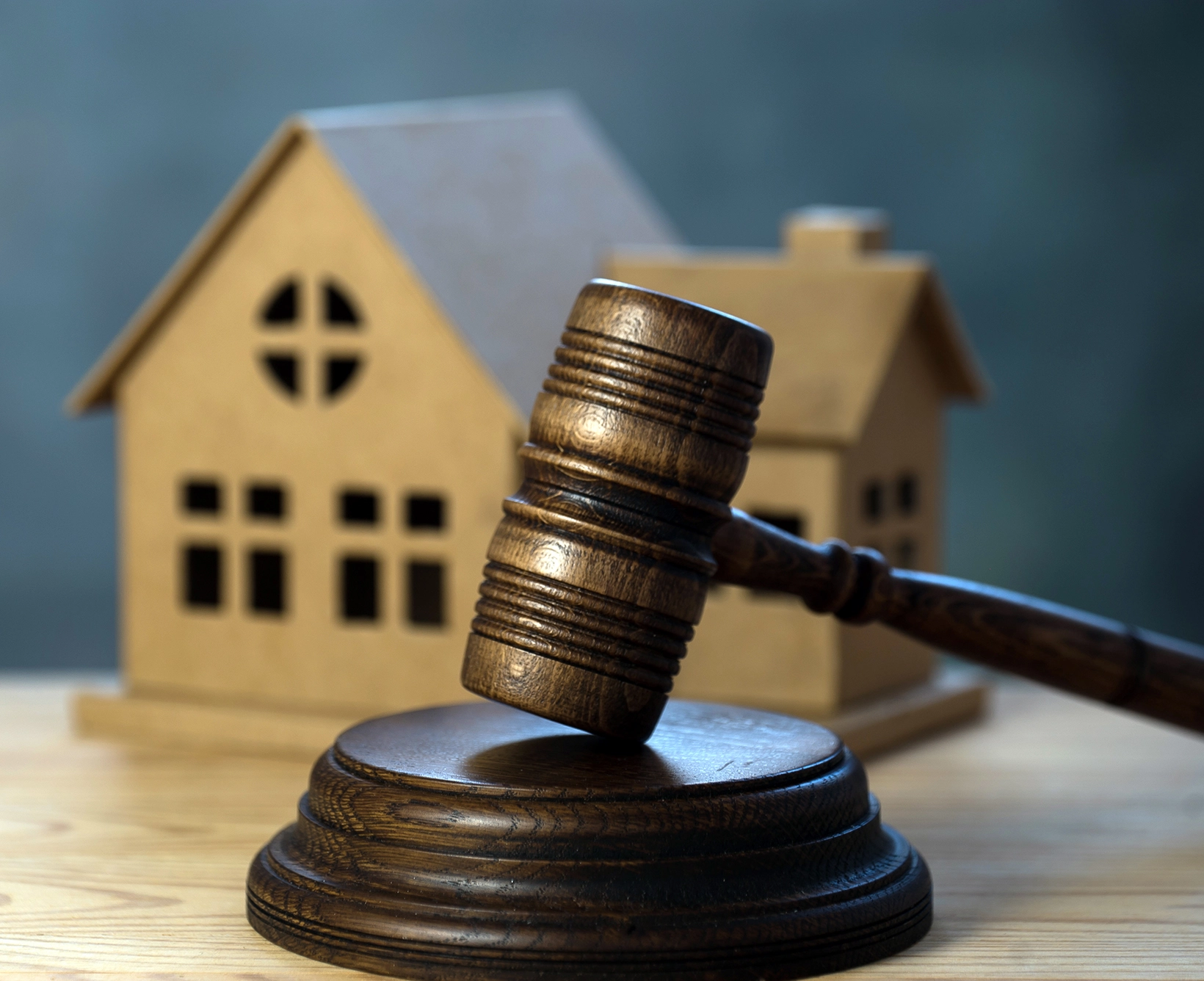 wooden gavel in front of model home